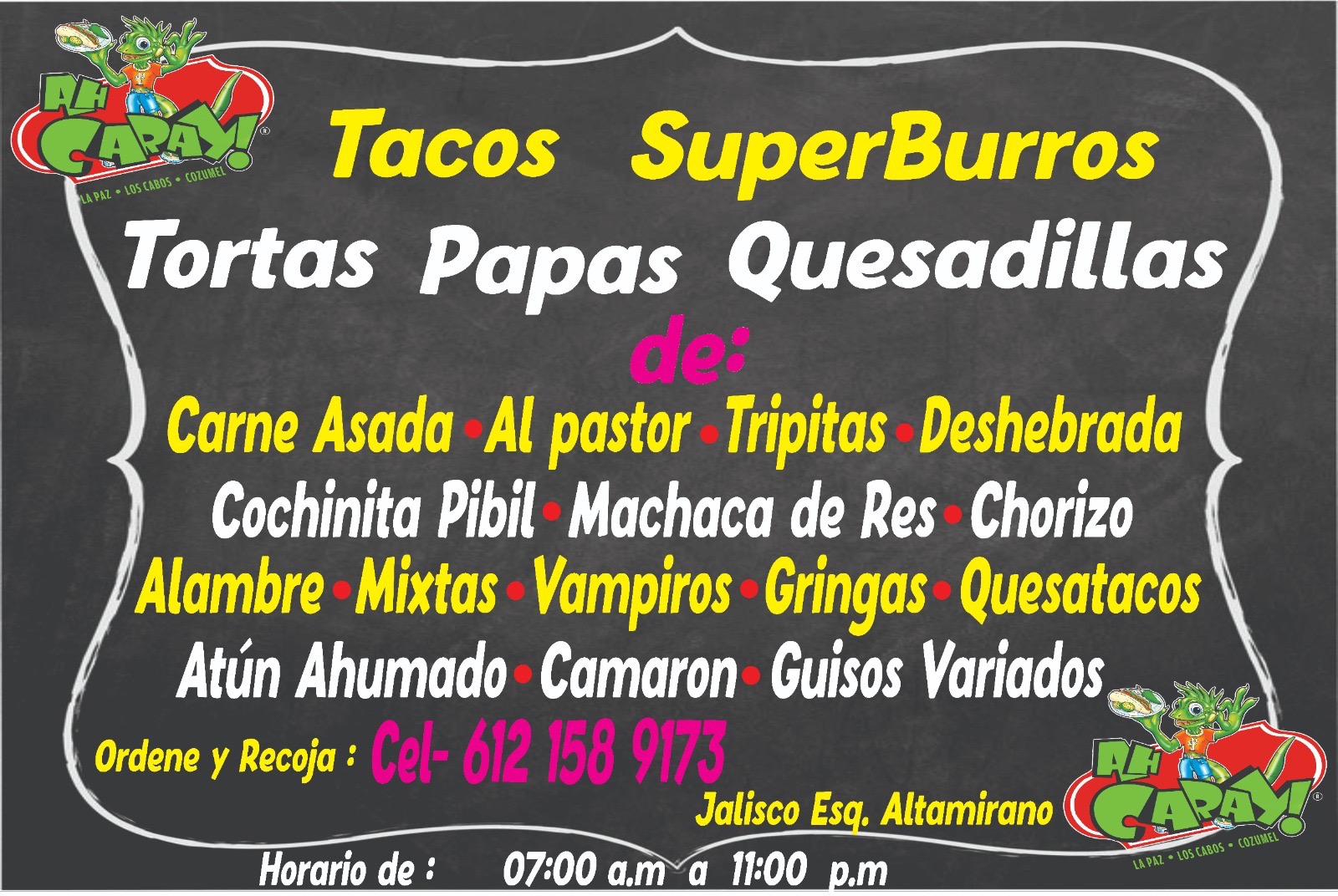 Menú de tacos, tortas, papas y quesadillas