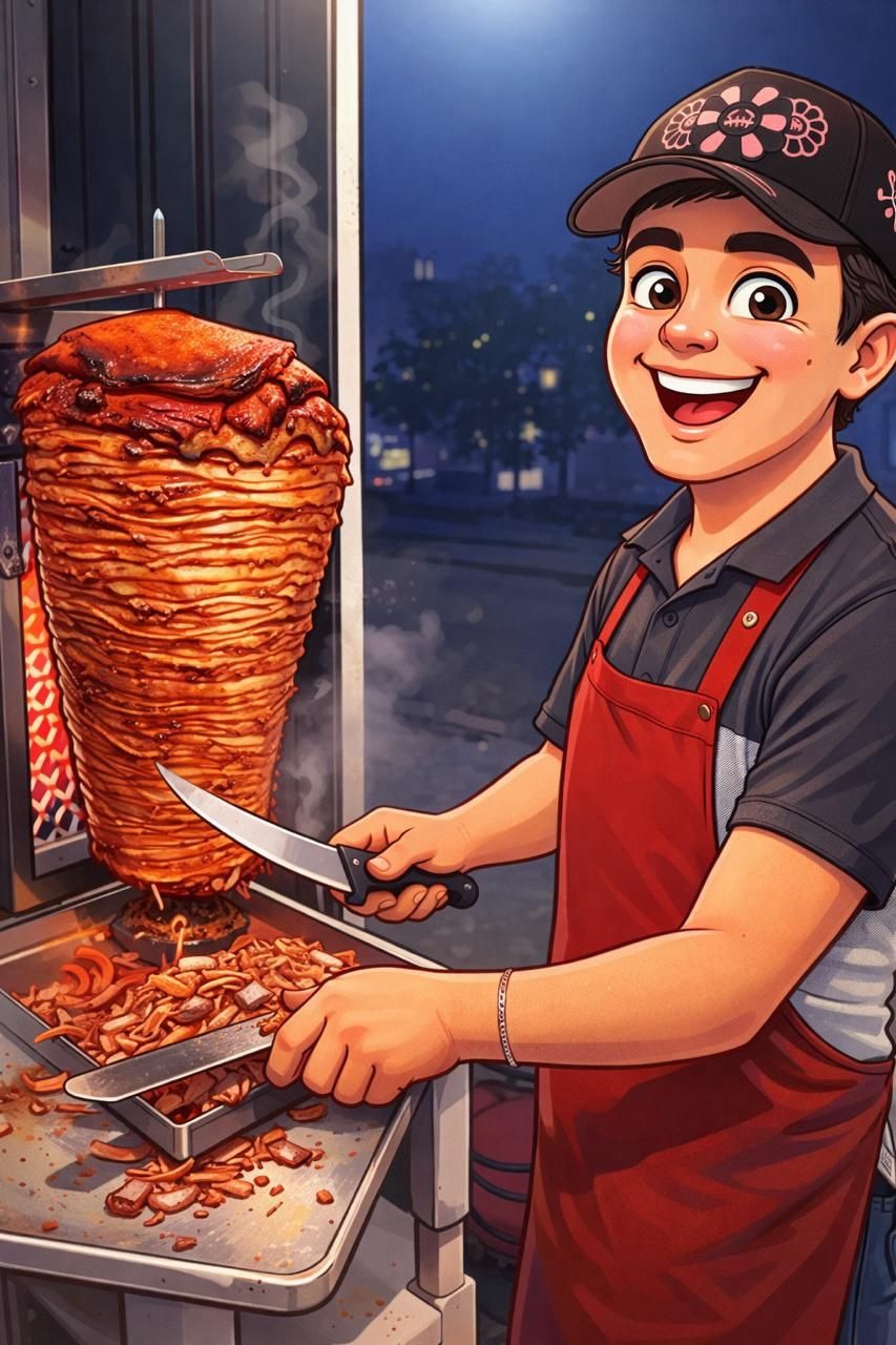 Taquero preparando tacos al pastor en Mr. Chile